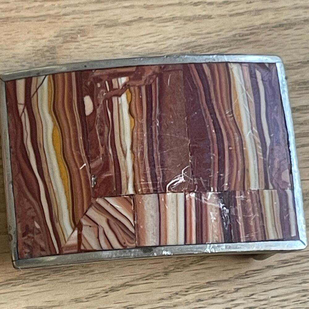 Belt Buckle Handmade Mexico Mosaic Inlay  Southwestern Brown Silver Tone